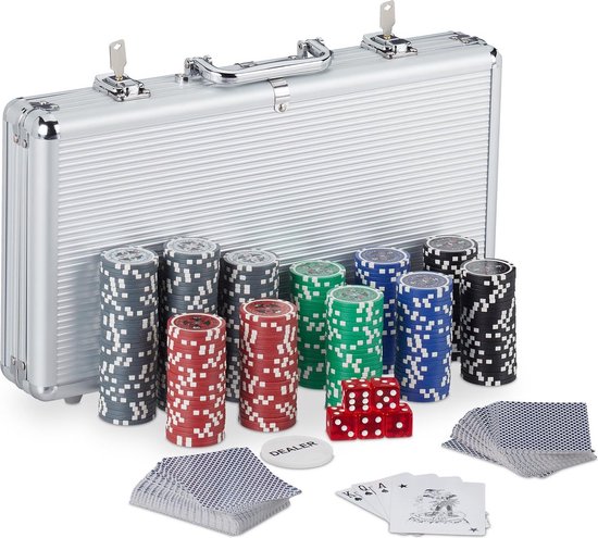 Afbeelding van het spel Pokerset - 300 Chips - Aluminium Koffer - Pokeren tot 5 Personen - Veiligheidsslot - Speelkaarten, Dobbelstenen, Dealer, Big Blind en Small Blind Button