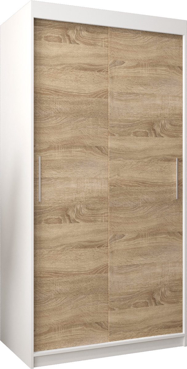 InspireME Kledingkast met 2 schuifdeuren, Modern-stijl, Kledingkast met planken (BxHxD): 100x200x62 - TORM 100 Wit Mat + Sonoma Eik met 2 lades