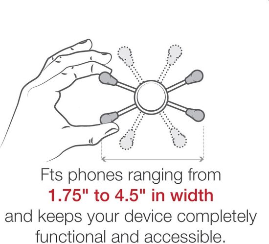 Illustratie van een hand die een RAM Mount X-Grip houder opent, voor telefoons van 4,4 cm tot 11,4 cm breed.