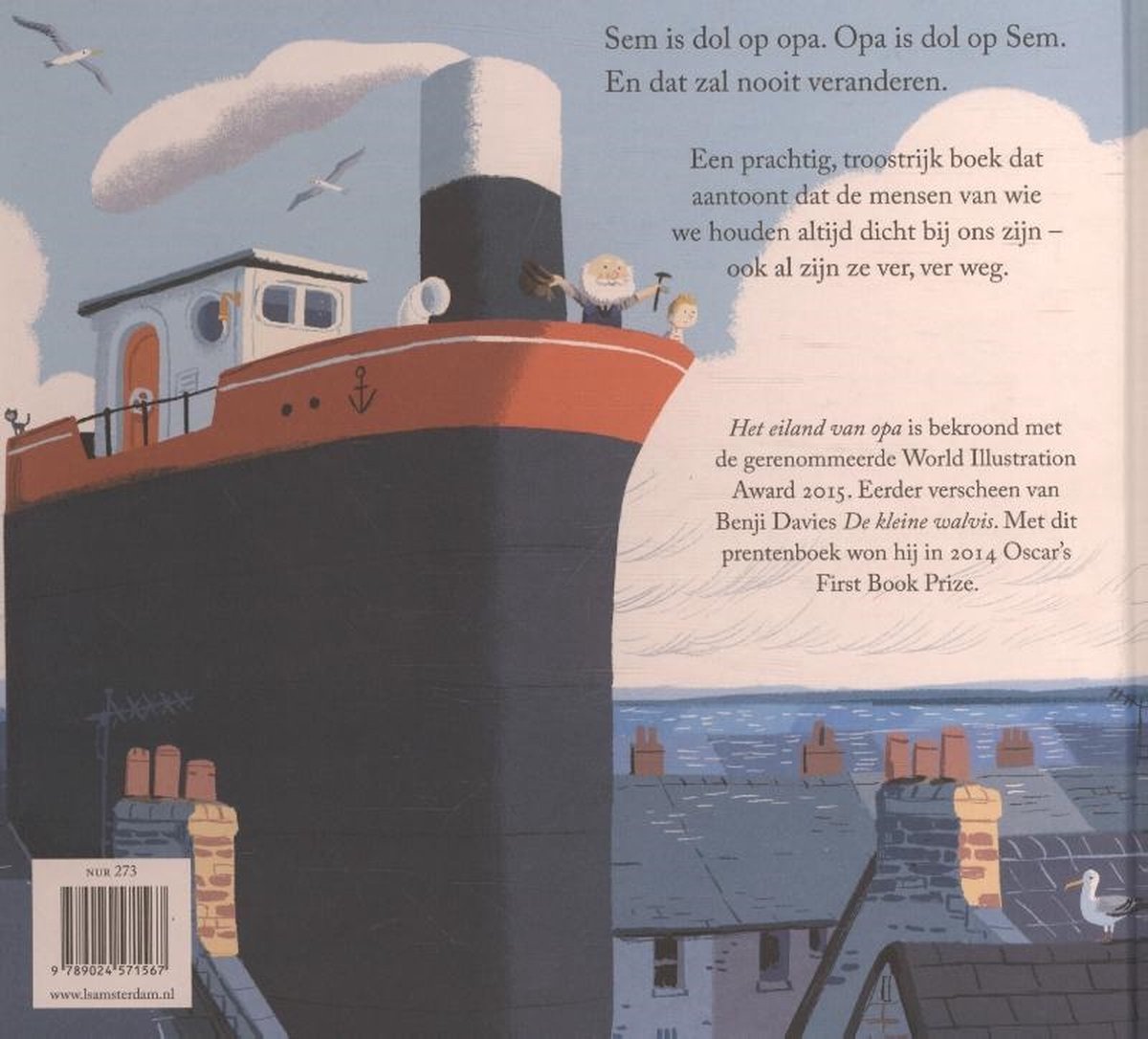Achterkant kinderboek 'Het Eiland van Opa' met een stoomboot en de tekst van het verhaal.