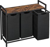 Wasmand 3 Vakken – Wassorteerder – Uitschuifbaar Met Plank – 114 L Verdeeld Over 3 Zakken – Wasmanden – Wasmand Zwart Metaal – 92,5 x 33 x 71 cm –Bruin Hout