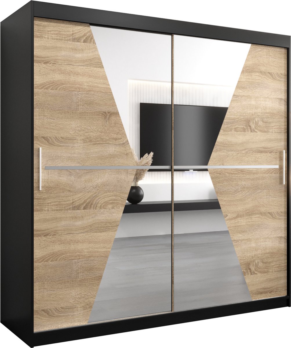 InspireME Kledingkast met 2 schuifdeuren, Modern-stijl, Een kledingkast met planken en een spiegel (BxHxD): 200x200x62 - TOTO 200 Zwart Mat + Sonoma Eik