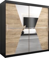 InspireMe - Kledingkast met 2 schuifdeuren, Modern-stijl, Een kledingkast met planken en een spiegel (BxHxD): 200x200x62 - TOTO 200 Zwart Mat + Sonoma Eik