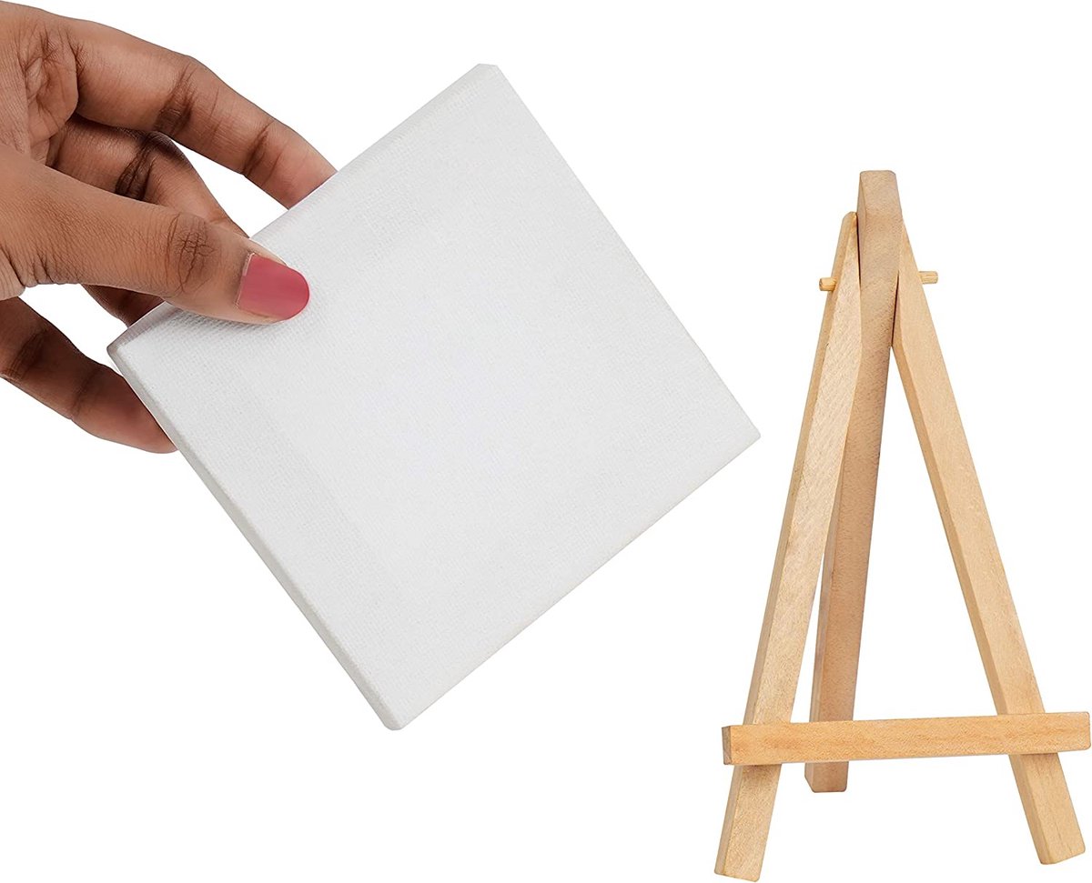 Belle Vous Mini Kunst Canvast met Houten Ezel (10 Pak) – H15,5 x B8,9 cm – Voorgerekte en Gegrondverfd Blank Canvas – Tafeltop Ezels Voor Olie en Acrylverf & Tekenen