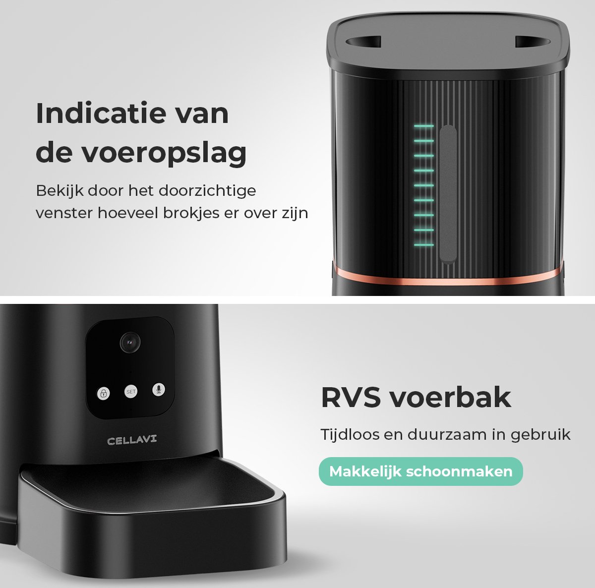 Afbeelding 2 van Cellavi Automatische Voerbak Kat en Hond - Voerautomaat Dispenser met App en Camera - RVS Voerbak Kat & Hond - 6 L - Zwart