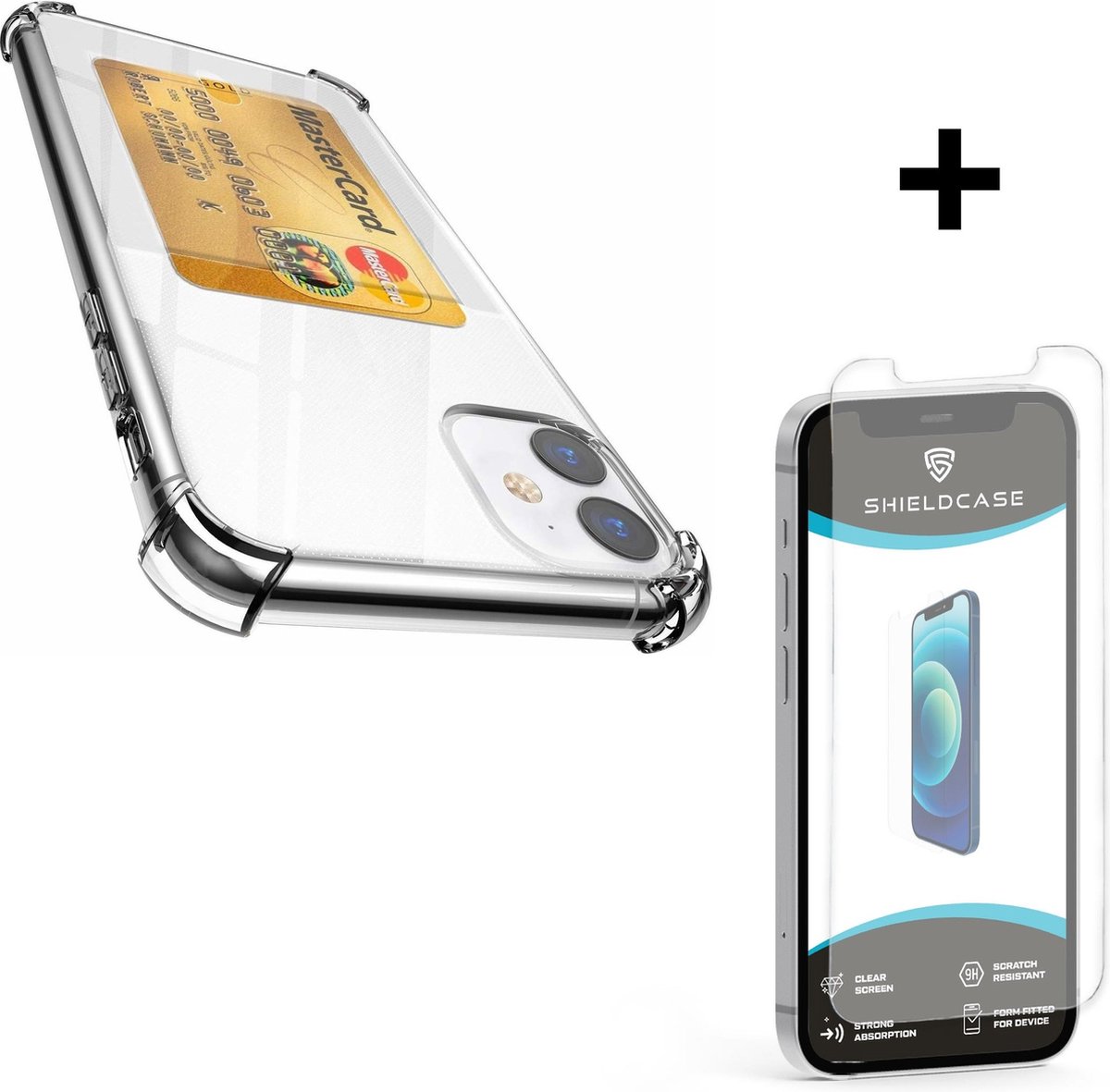 ShieldCase Shock case met pashouder geschikt voor Apple iPhone 12 Mini - 5.4 inch - transparant + glazen Screen Protector - strak design - hoesje met ruimte voor pasjes