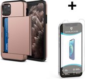 ShieldCase Kaarthouder case met slide geschikt voor Apple iPhone 12 / 12 Pro - 6.1 inch - roze + glazen Screen Protector