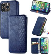 Luxe PU Lederen Ruitpatroon Wallet Case + Screenprotector voor iPhone 14 Pro _ Blauw