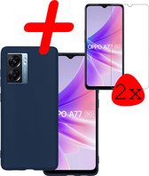 Hoes Geschikt voor OPPO A77 Hoesje Siliconen Back Cover Case Met 2x Screenprotector - Hoesje Geschikt voor OPPO A77 Hoes Cover Hoesje - Donkerblauw.