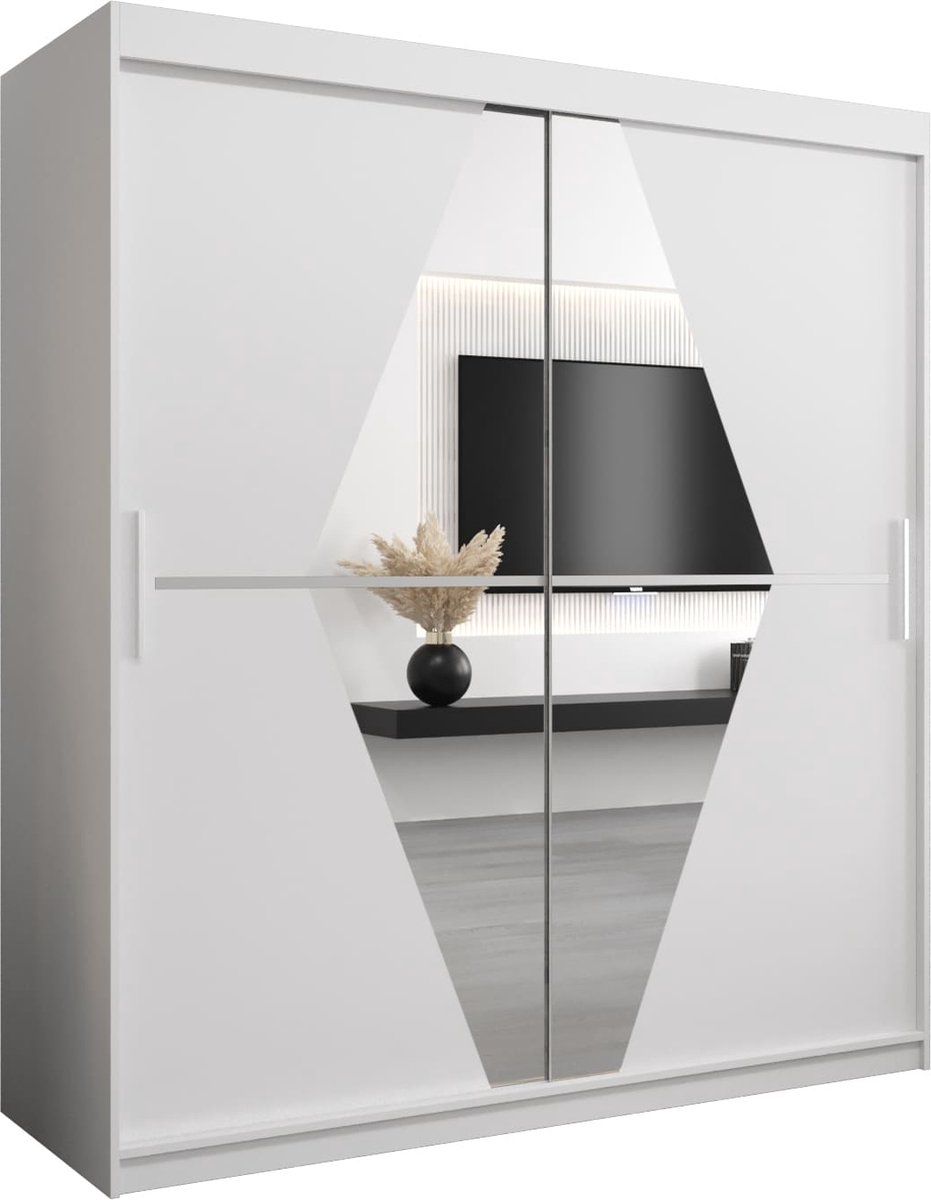 InspireME Kledingkast met 2 schuifdeuren, Modern-stijl, Een kledingkast met planken en een spiegel (BxHxD): 180x200x62 - BOLA 180 Wit Mat met 4 lades