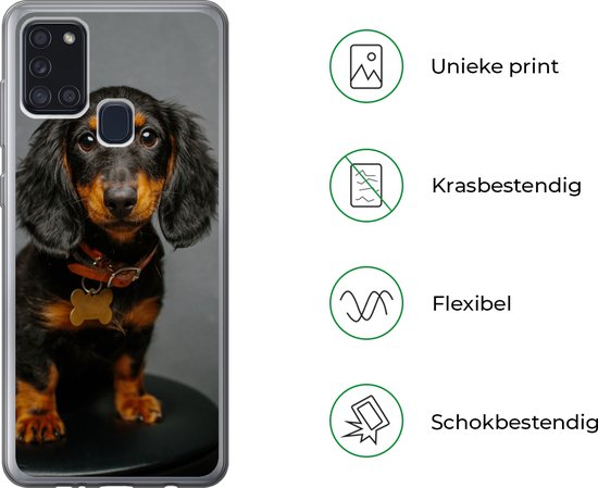 Coque de téléphone compatible avec Samsung Galaxy A21s - Photo studio d'un chiot teckel - Coque en Siliconen