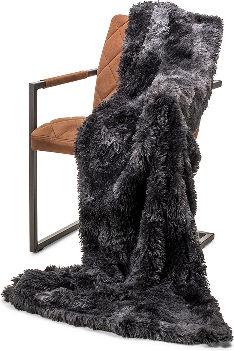Wicotex - Plaid deken - Fleece Plaid - Grand Foulard Bankt Snow - Afmeting 150x200cm Zwart gemêleerd polyester Hoog polig - Zacht en warme Fleece deken - Plaidfleece