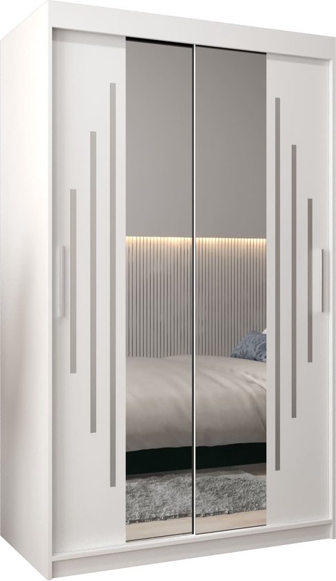 InspireMe - Armoire avec 2 portes coulissantes, Style moderne, Une armoire avec des étagères et un miroir (LxHxP): 120x200x62 - MALTESE I 120 Wit Mat avec 2 tiroirs