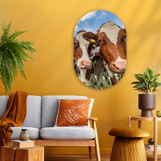 Ovale Mural - Ovale Mural - Décoration murale Plastique - Peinture Ovale - Vaches - Animaux - Pâturage - Nature - 60x90 cm - Forme miroir ovale sur plastique