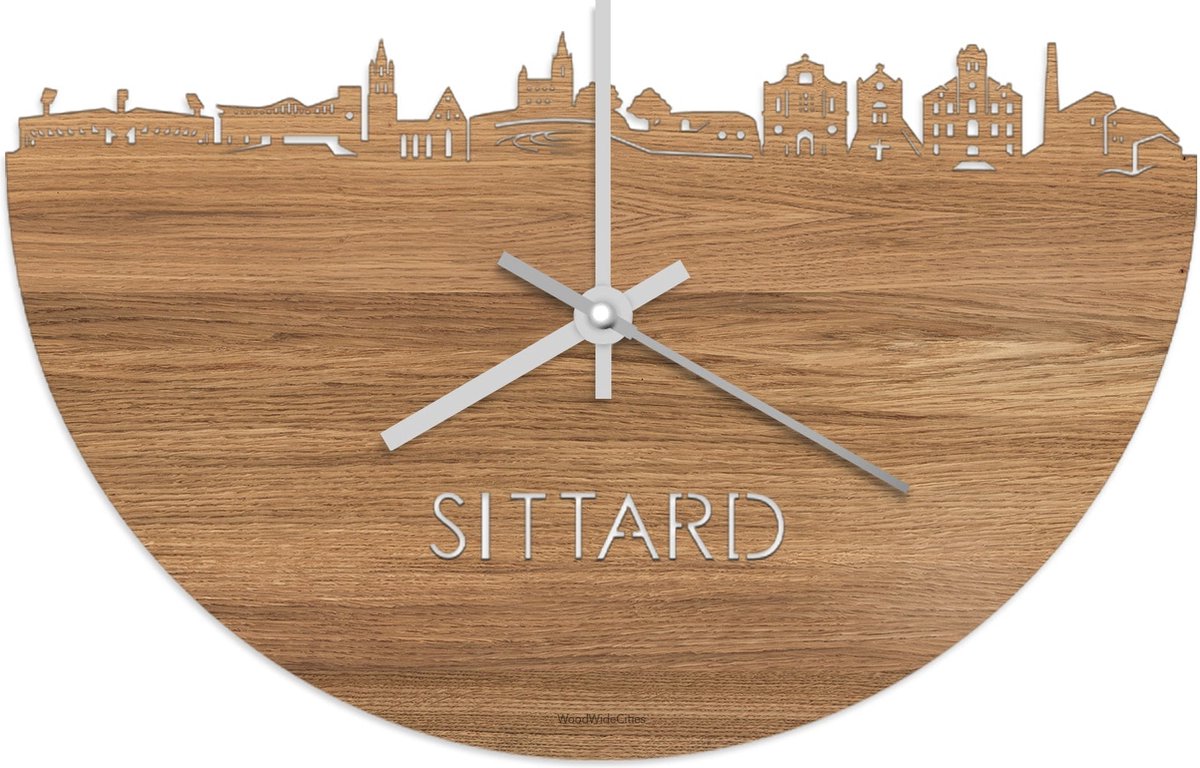 Skyline Klok Sittard Eikenhout - Ø 40 cm - Stil uurwerk - Wanddecoratie - Meer steden beschikbaar - Woonkamer idee - Woondecoratie - City Art - Steden kunst - Cadeau voor hem - Cadeau voor haar - Jubileum - Trouwerij - Housewarming - WoodWideCities