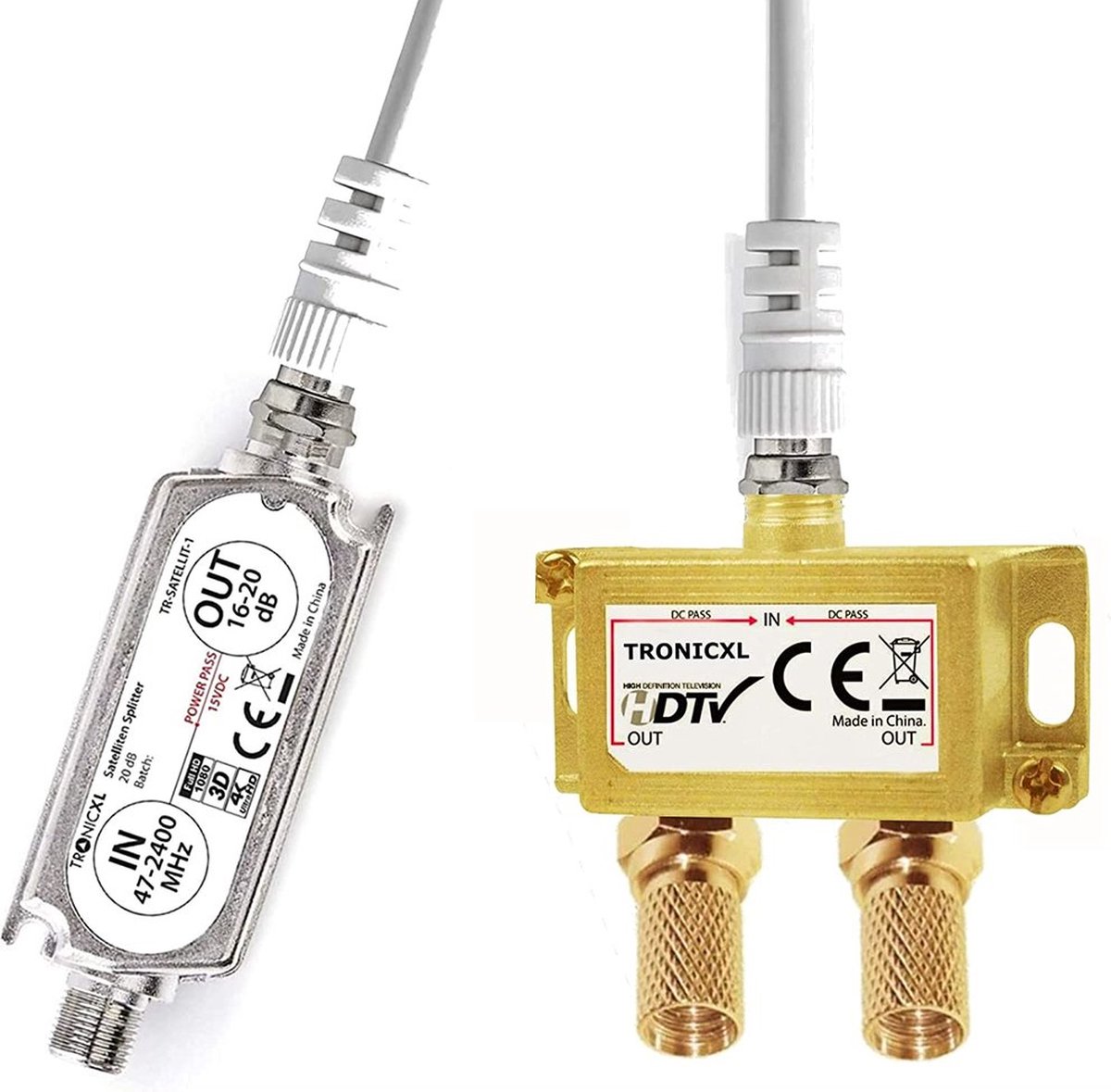 TronicXL Premium Sat TV 2-voudige antenneverdeler Amplifier gold splitter met satellietversterker digitale HD I voor satelliet TV DVBT DVBS Unicable 3D 4K HDTV I verdeler zachte inline voor 2 televisies