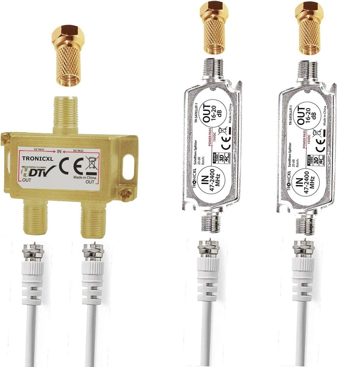 TronicXL Premium 2-voudige antenneverdeler splitter met 40dB (2 x 20dB) satellietversterker DC-Power Pass digitaal HD  voor satelliet TV DVBT DVBS Unicable 3D 4K HDTV I verdeler zachte inline voor 2 televisies splitter