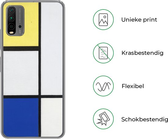Coque Xiaomi Redmi 9T - Composition avec du jaune, du bleu et du noir - Piet Mondrian - Coque de téléphone en Siliconen