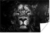 Poster Leeuw met vlinders en bloemen in de jungle - zwart wit - 60x40 cm