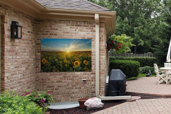 Affiche jardin - Toile jardin - Posters de jardin extérieur - Coucher de soleil - Fleurs - Tournesol - Horizon - Paysage - 120x80 cm - Jardin