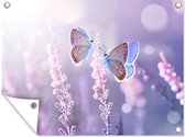 Tuinschilderij Vlinder - Lavendel - Bloemen - Paars - 80x60 cm - Tuinposter - Tuindoek - Buitenposter
