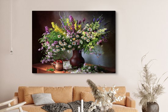Toile Peinture Fleurs - Tableau - Nature Morte - Bouquet - Vase - 160x120 cm - Décoration murale XXL