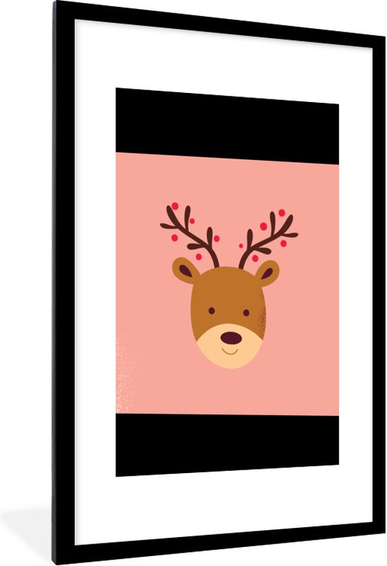 Fotolijst incl. Poster - Rendier - Kerst - Roze - Kerstmis - Winter - 60x90 cm - Posterlijst - Kerstmis Decoratie - Kerstversiering - Kerstdecoratie Woonkamer