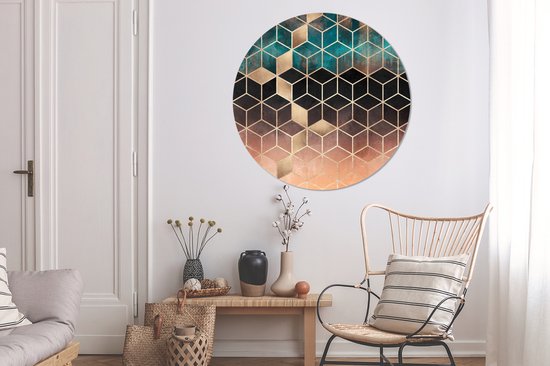 WallCircle - Stickers muraux - Cercle de papier peint - Abstrait - Cube - Or - Motifs - Luxe - 120x120 cm - Cercle mural - Autocollant - Papier peint autocollant rond XXL
