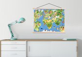 Schoolplaat kinderen - Kinderkamer decoratie - Wereldkaart - Kinderen - Natuur - Dieren - Blauw - Groen - 60x45 cm - Wanddecoratie kinderkamers