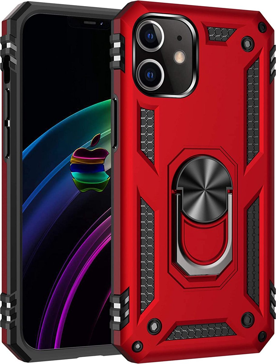 Anti-Shock Hybrid Ring Armor Hoesje Geschikt voor: iPhone 12 Pro Max - Rood