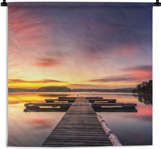 Wandkleed - Wanddoek - Steiger - Zonsondergang - Water - Zee - Reflectie - 90x90 cm - Wandtapijt