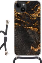 Geschikt voorApple Iphone 14 - Crossbody Case - Marmer print - Kalk - Zwart - Goud - Marmer printlook - Luxe - Siliconen - Crossbody - Backcover met Koord - Telefoonhoesje met koord - Hoesje met touw