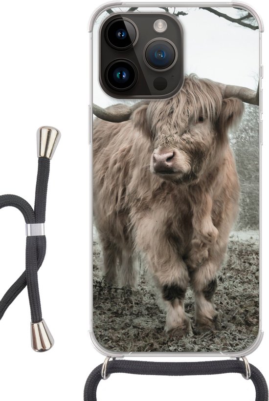 Convient pour Apple iPhone 14 Pro - Étui à bandoulière - Highlander écossais - Nature - Automne - Animaux - Sauvage - Forêt - Siliconen - Bandoulière - Coque arrière avec cordon - Étui pour téléphone avec cordon - Étui avec corde