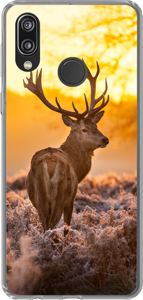 Telefoonhoesje Geschikt voor Huawei P20 Lite (2020) hoesje - Hert - Dieren - Zonsondergang - Winter - Heide - Natuur - Siliconen Telefoonhoesje Telefoonhoesje