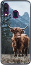 Geschikt voor Samsung Galaxy A40 hoesje - Schotse hooglander - Berg - Landschap - Bomen - Koe - Natuur - Siliconen Telefoonhoesje