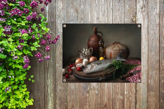 Décoration de Jardin Rustique - Poisson - Nature morte - Légumes - Herbes - 40x30 cm - Toile de jardin - Affiche extérieure