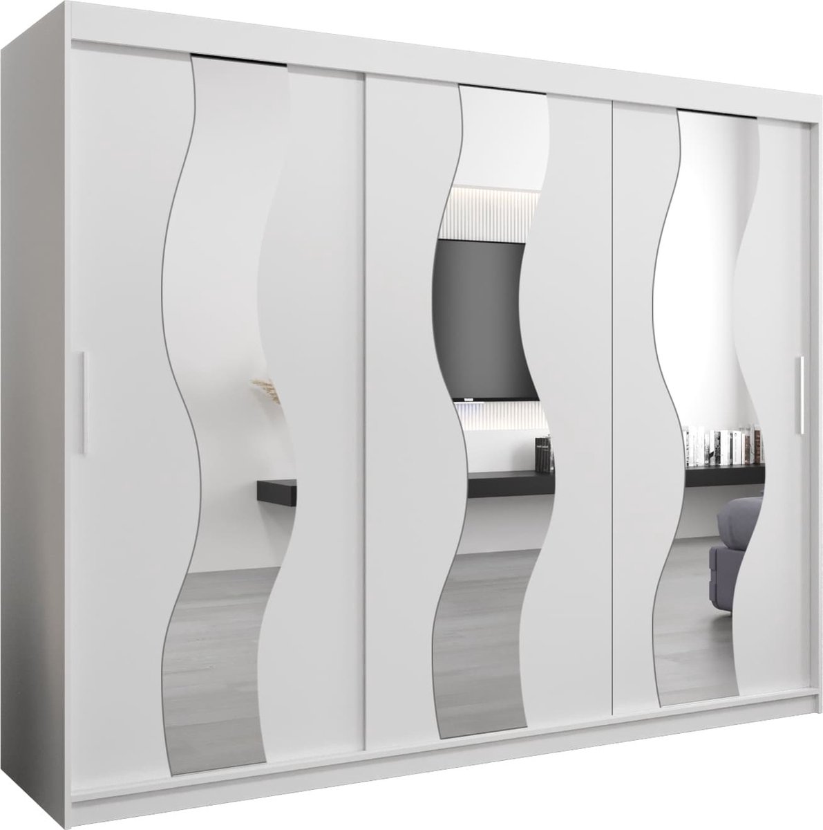 InspireME Kledingkast met 3 schuifdeuren, Modern-stijl, Een kledingkast met planken en een spiegel (BxHxD): 250x200x62 - REESE 250 Wit Mat