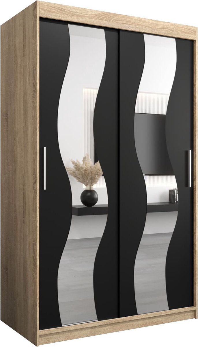 InspireME Kledingkast met 2 schuifdeuren, Modern-stijl, Een kledingkast met planken en een spiegel (BxHxD): 120x200x62 - REESE 120 Sonoma Eik + Zwart Mat