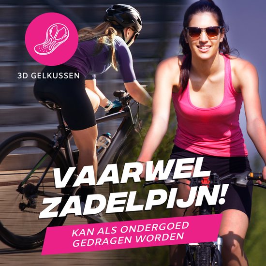 Femme à vélo, avec peau de chamois en détail, et texte 'Adieu les douleurs de selle!'.