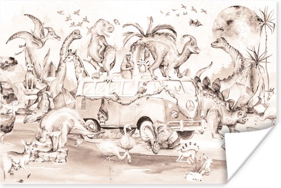 Poster kids - Dinosaurus - Bus - Kinderen - Dieren - Bomen - Poster dino - Kinder decoratie - Poster kinderkamer - 30x20 cm - Wanddecoratie kinderkamers