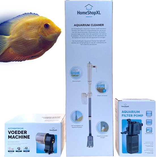 Aquariumreiniger, filterpomp en voederautomaat dozen. Vis en aquariumproducten getoond.