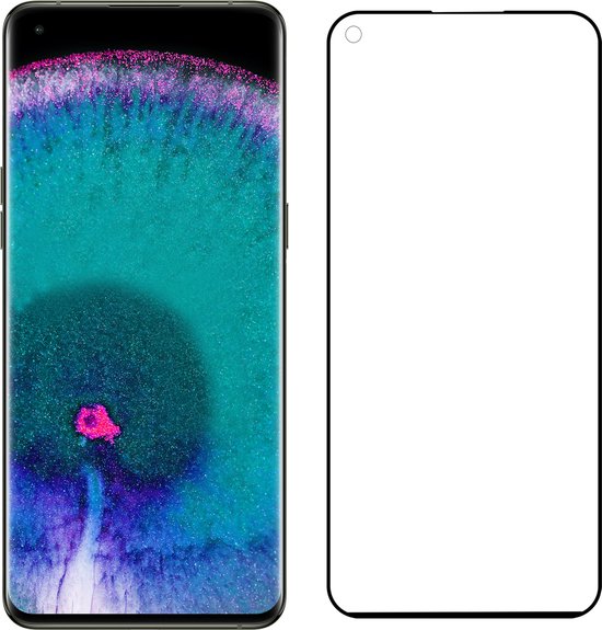 Een Nomfy screenprotector van gehard glas met een uitsparing voor de camera, liggend naast een telefoon met een kleurrijk behang.