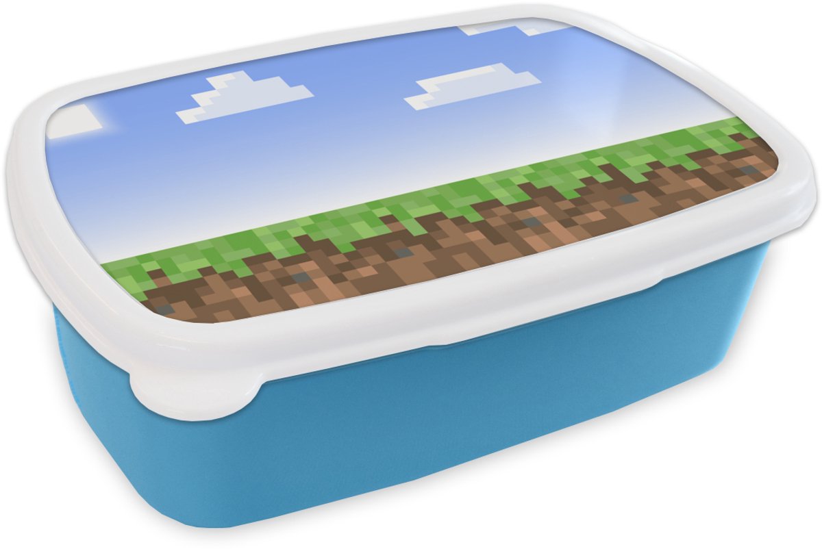 Broodtrommel Blauw - Lunchbox - Brooddoos - Gaming - Pixel - Gamen - Gras - Blokkengame - 18x12x6 cm - Kinderen - Jongen