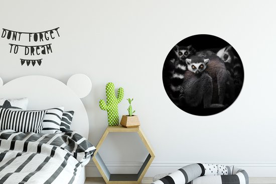 Papier peint cercle - Papier peint autocollant - Maki - Animaux - Sauvage - Zwart et blanc - 80x80 cm - Papier peint cercle - Papier peint rond - Décoration murale ronde - Salon