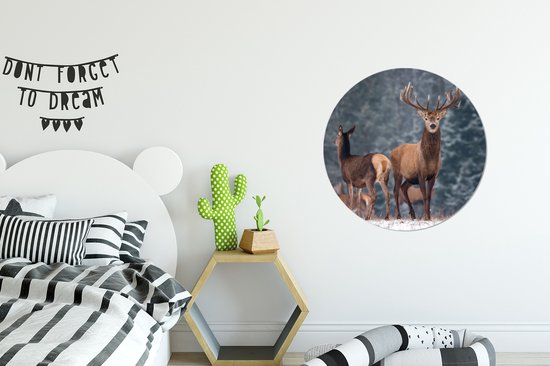 Behangcirkel - Behangsticker - Zelfklevend behang - Herten - Landschap - Dieren - Winter - Sneeuw - Wanddecoratie rond - 80x80 cm - Woonkamer