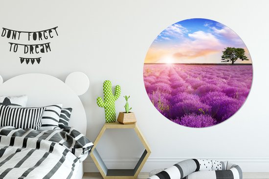 Papier peint cercle - Lavande - Fleurs - Arbre - Soleil - Paysage - Décoration murale cercle - Papier peint cercle fleurs - Papier peint autocollant - 120x120 cm - Papier peint autocollant - Papier peint rond - Papier peint cercle