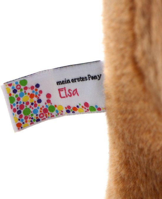 Naamlabel "mein erstes Pony Elsa" met kleurrijke stippen.