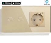 SmartinHuis – Slimme serieschakelaar (2) + stopcontact – Goud – Wifi – Hotelschakelaar – 2 lampen
