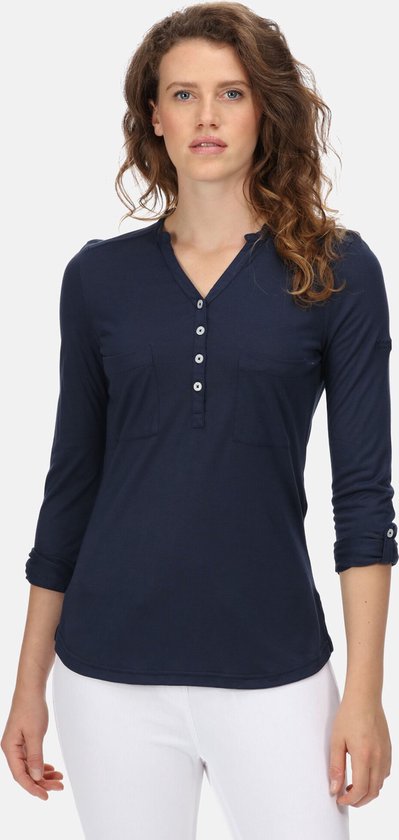 Het Regatta Fflur II T-shirt met omvouwbare mouwen - dames - V-hals - knopenlijst - Marine