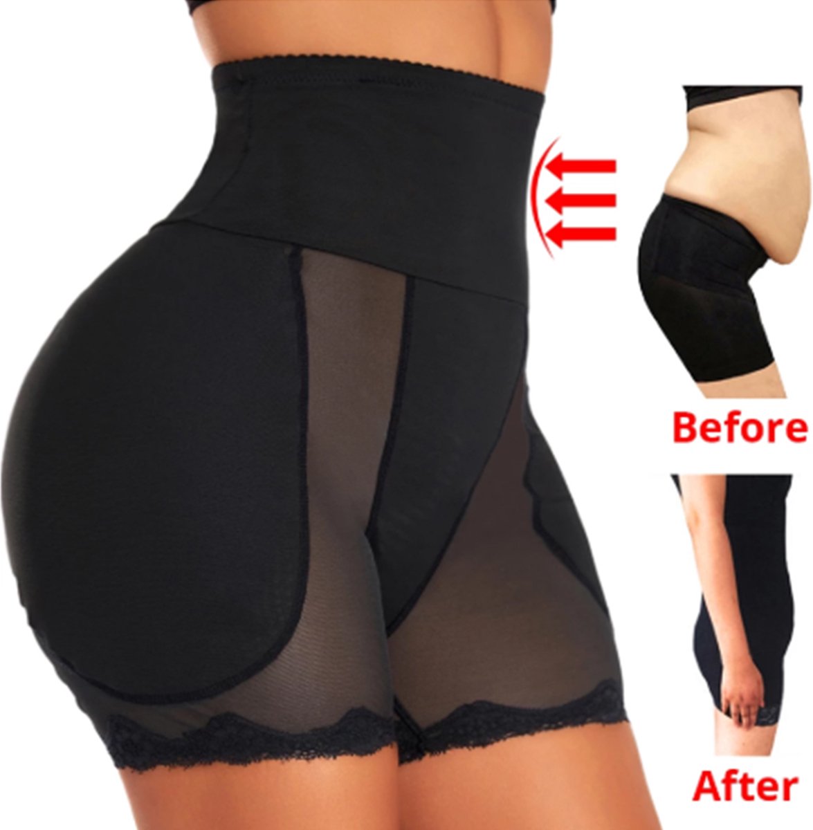 Shapewear - zwart - M - voor rondere billen en bredere heupen - shaping broekje - heupkussentjes -figuur corrigerend - ondergoed - gewatteerd - sexy butt & hips - vrouwelijke rondingen - billen liften